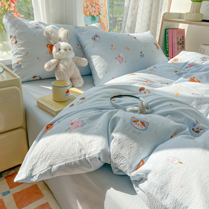 91家纺网 家纺一手货源 找家纺 玉海棠家纺 2025新款云感双层纱暗合四件套 动物狂欢会兰