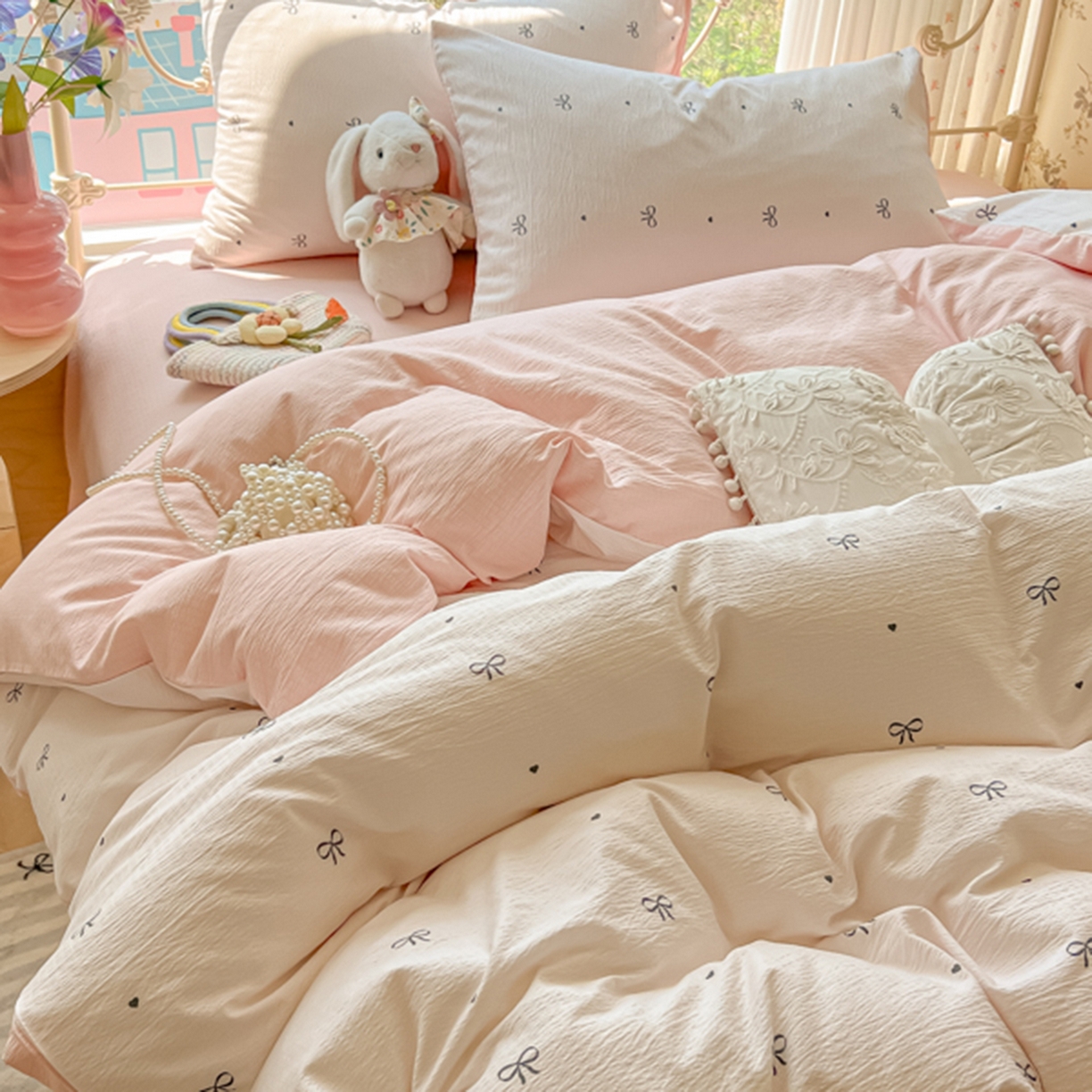 91家纺网 家纺一手货源 找家纺 玉海棠家纺 2025新款云感双层纱暗合四件套 心意