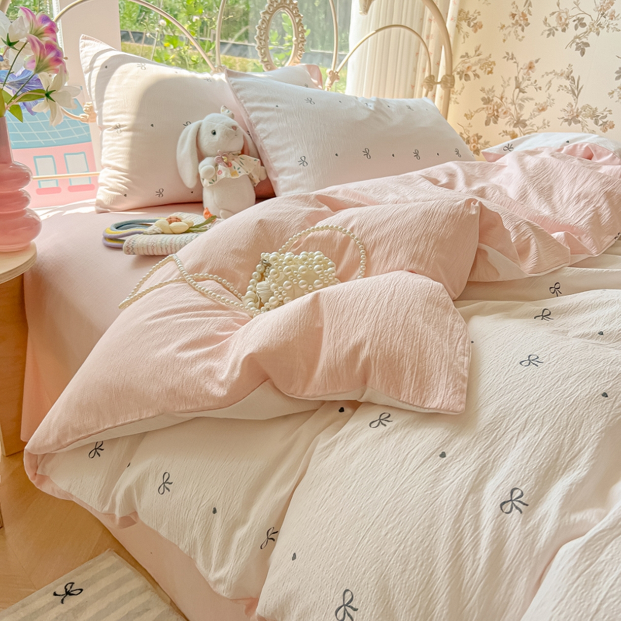 91家纺网 家纺一手货源 找家纺 玉海棠家纺 2025新款云感双层纱暗合四件套 心意