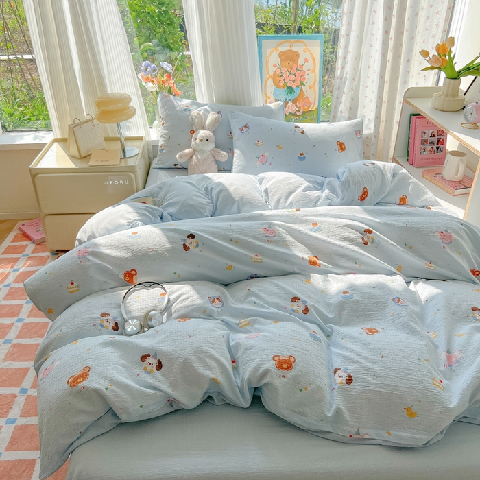 91家纺网 家纺一手货源 找家纺 玉海棠家纺 2025新款云感双层纱暗合四件套 动物狂欢会兰