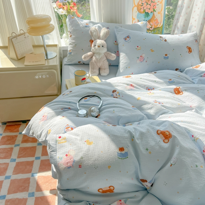 91家纺网 家纺一手货源 找家纺 玉海棠家纺 2025新款云感双层纱暗合四件套 动物狂欢会兰