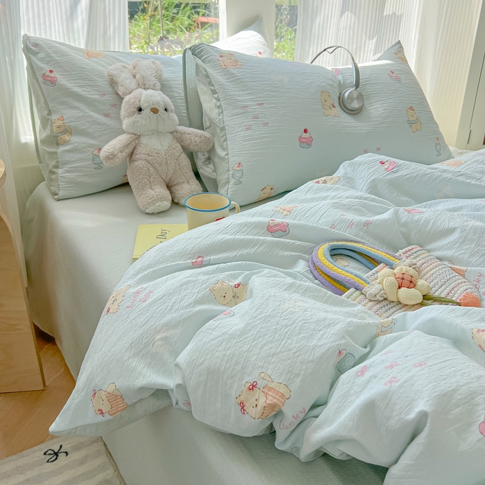 91家纺网 家纺一手货源 找家纺 玉海棠家纺 2025新款云感双层纱暗合四件套 蛋糕小猫