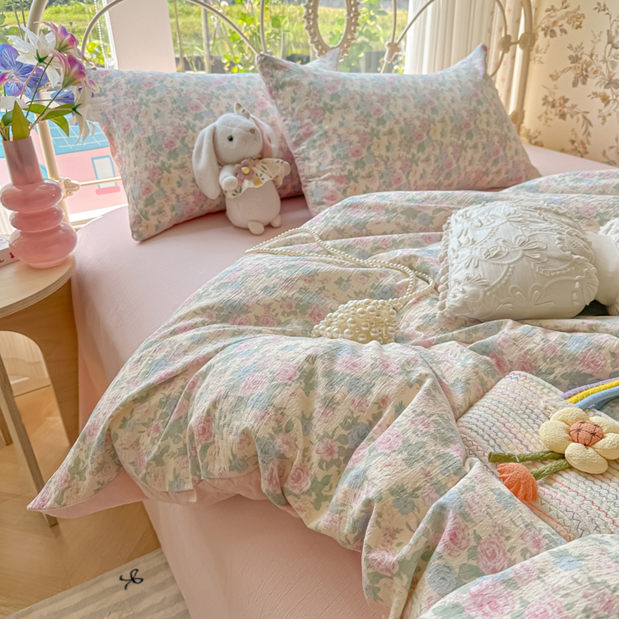 91家纺网 家纺一手货源 找家纺 玉海棠家纺 2025新款云感双层纱暗合四件套 白月光