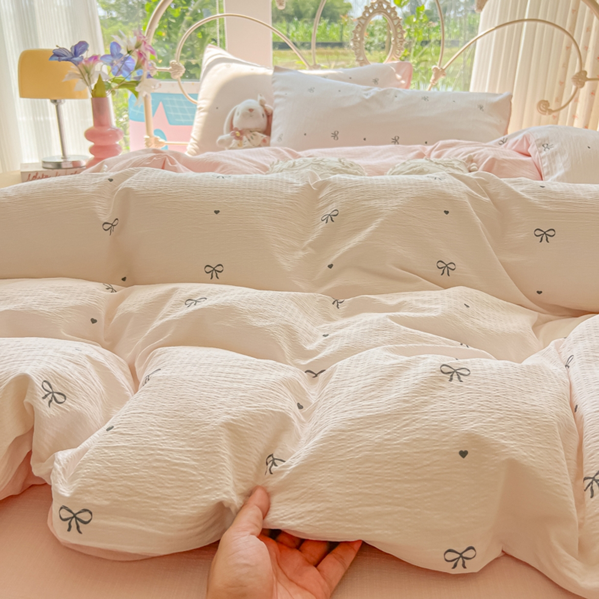 91家纺网 家纺一手货源 找家纺 玉海棠家纺 2025新款云感双层纱暗合四件套 心意