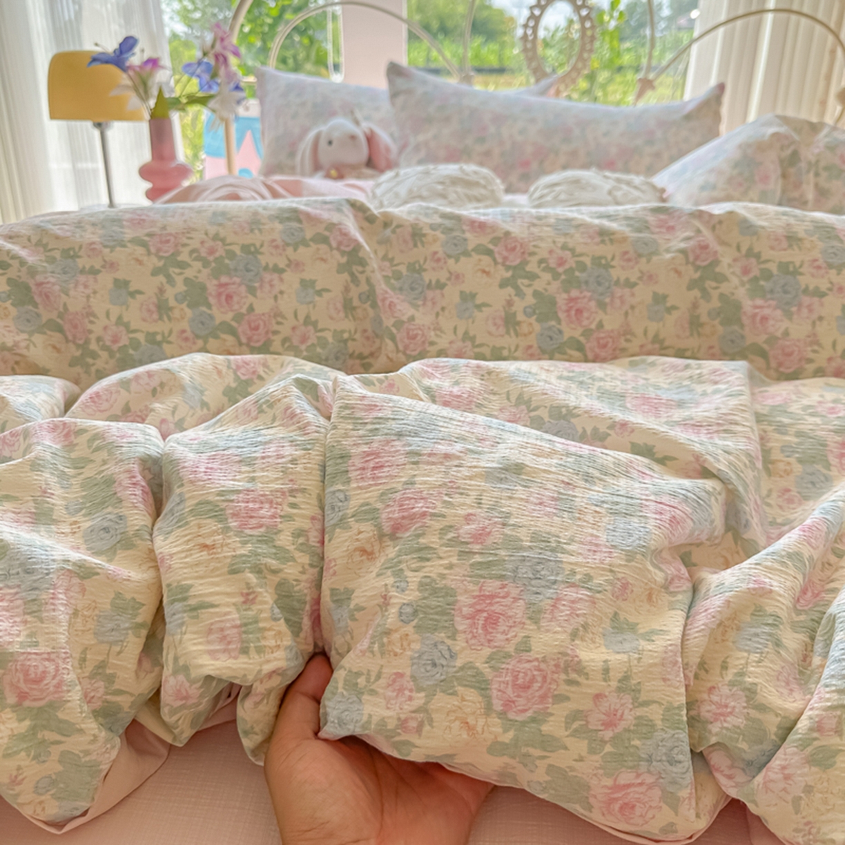 91家纺网 家纺一手货源 找家纺 玉海棠家纺 2025新款云感双层纱暗合四件套 白月光