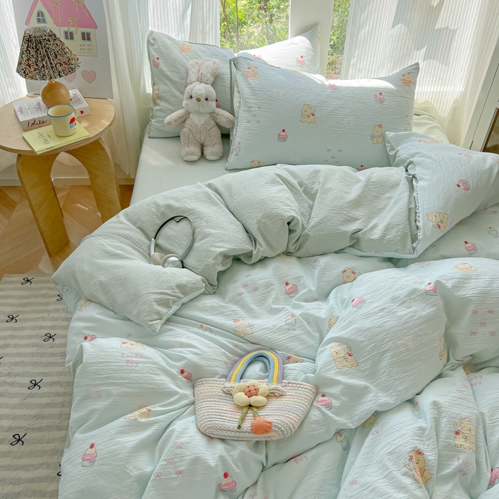 91家纺网 家纺一手货源 找家纺 玉海棠家纺 2025新款云感双层纱暗合四件套 蛋糕小猫