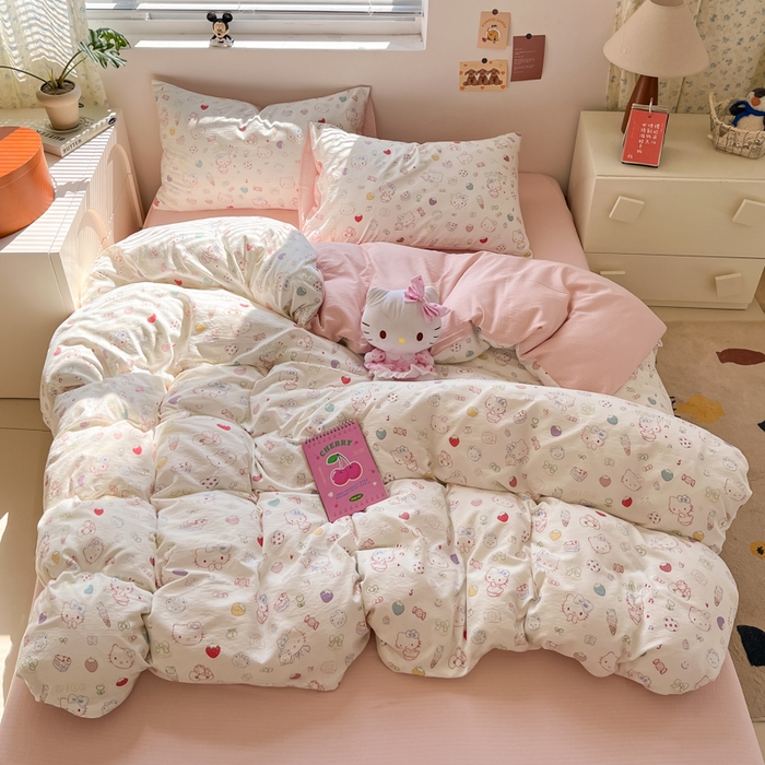 91家纺网 家纺一手货源 找家纺 玉海棠家纺 2025新款云感双层纱暗合四件套 凯蒂猫