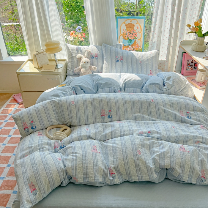 91家纺网 家纺一手货源 找家纺 玉海棠家纺 2025新款云感双层纱暗合四件套 蓝色小象