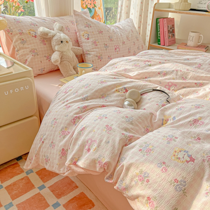 91家纺网 家纺一手货源 找家纺 玉海棠家纺 2025新款云感双层纱暗合四件套 花园小猫