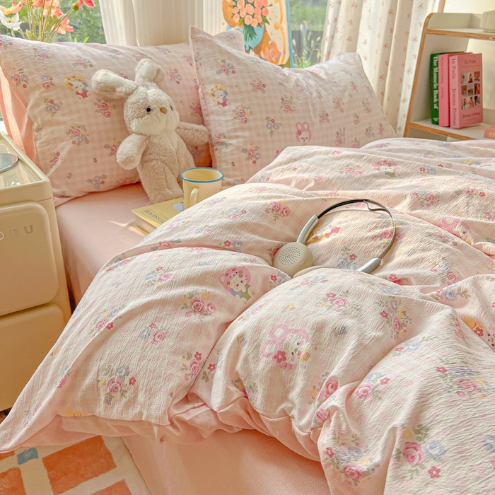 91家纺网 家纺一手货源 找家纺 玉海棠家纺 2025新款云感双层纱暗合四件套 花园小猫