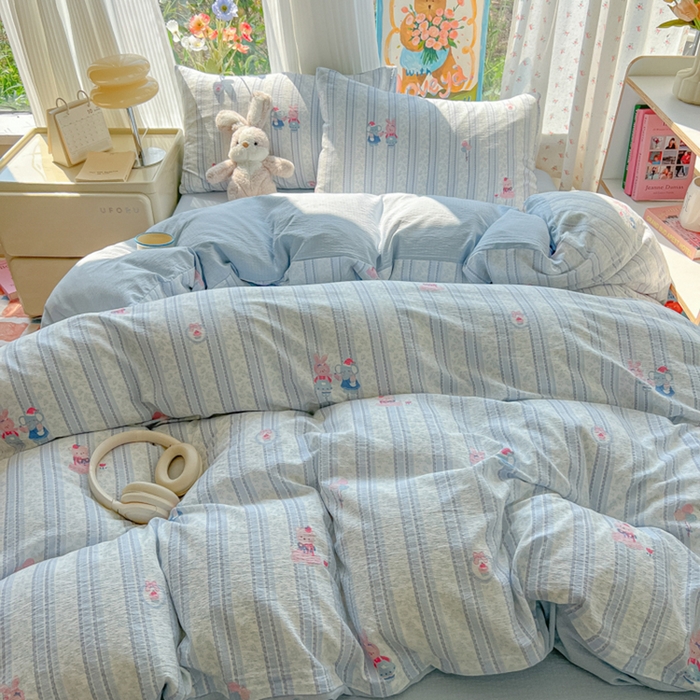 91家纺网 家纺一手货源 找家纺 玉海棠家纺 2025新款云感双层纱暗合四件套 蓝色小象