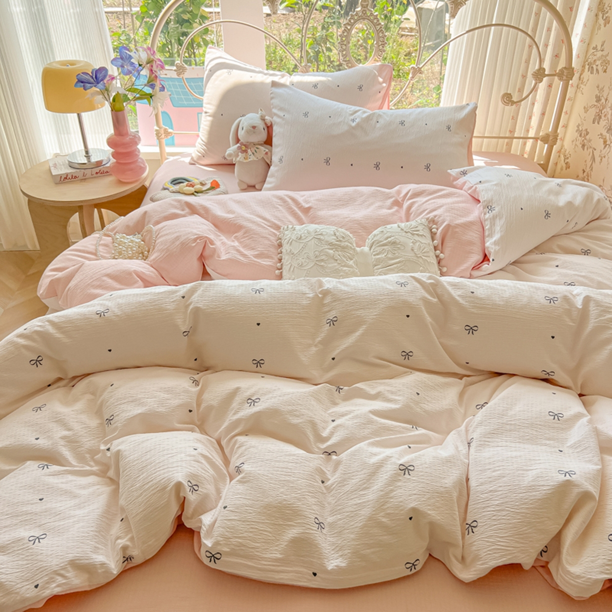 91家纺网 家纺一手货源 找家纺 玉海棠家纺 2025新款云感双层纱暗合四件套 心意