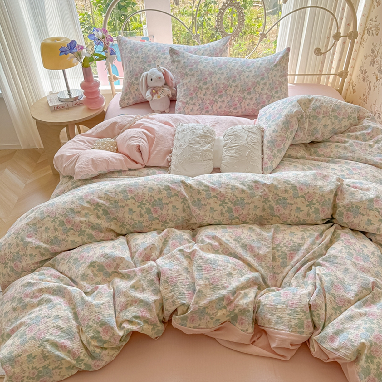 91家纺网 家纺一手货源 找家纺 玉海棠家纺 2025新款云感双层纱暗合四件套 白月光