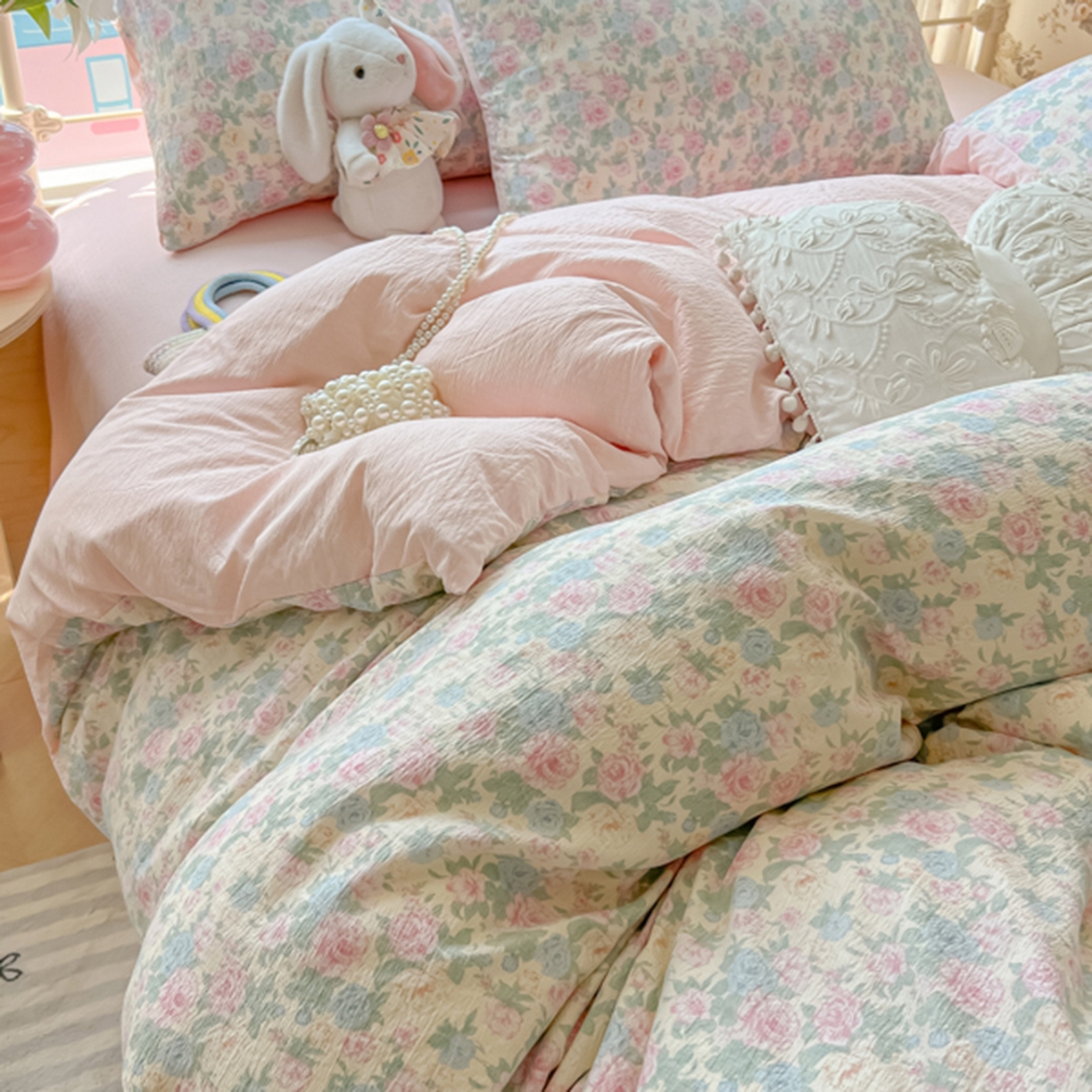 91家纺网 家纺一手货源 找家纺 玉海棠家纺 2025新款云感双层纱暗合四件套 白月光