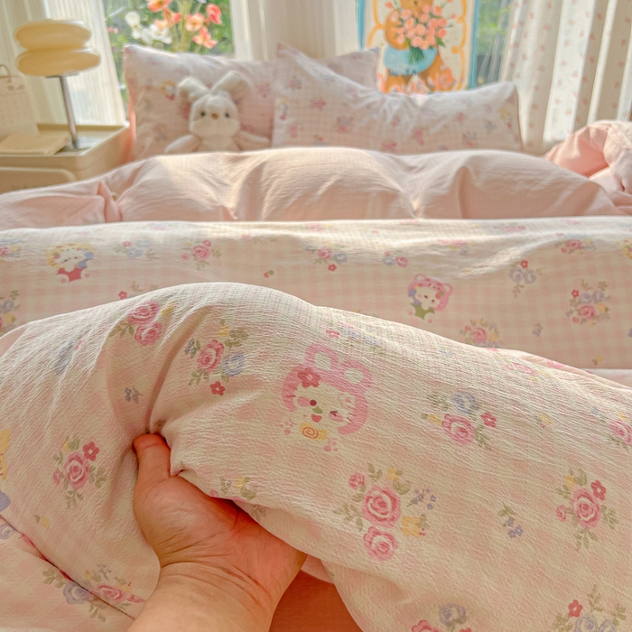 91家纺网 家纺一手货源 找家纺 玉海棠家纺 2025新款云感双层纱暗合四件套 花园小猫