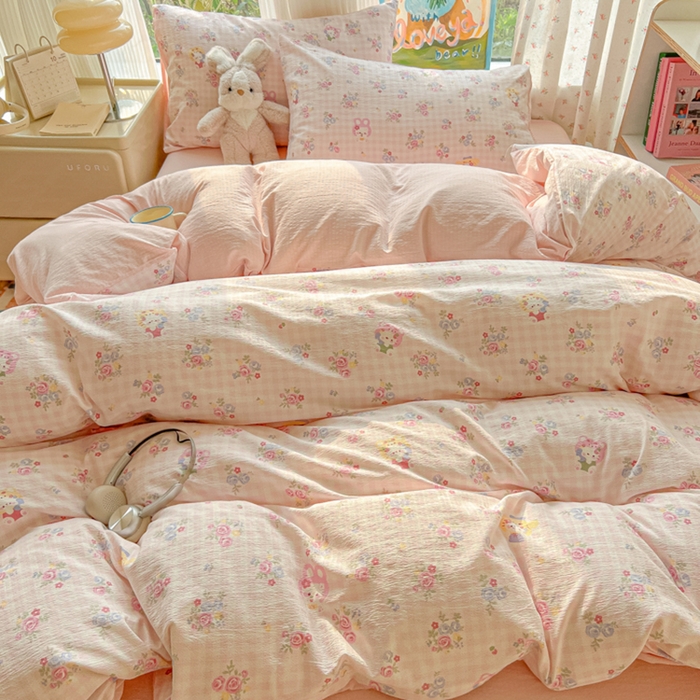 91家纺网 家纺一手货源 找家纺 玉海棠家纺 2025新款云感双层纱暗合四件套 花园小猫