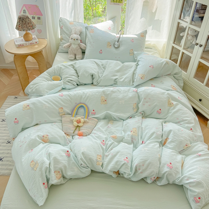 91家纺网 家纺一手货源 找家纺 玉海棠家纺 2025新款云感双层纱暗合四件套 蛋糕小猫