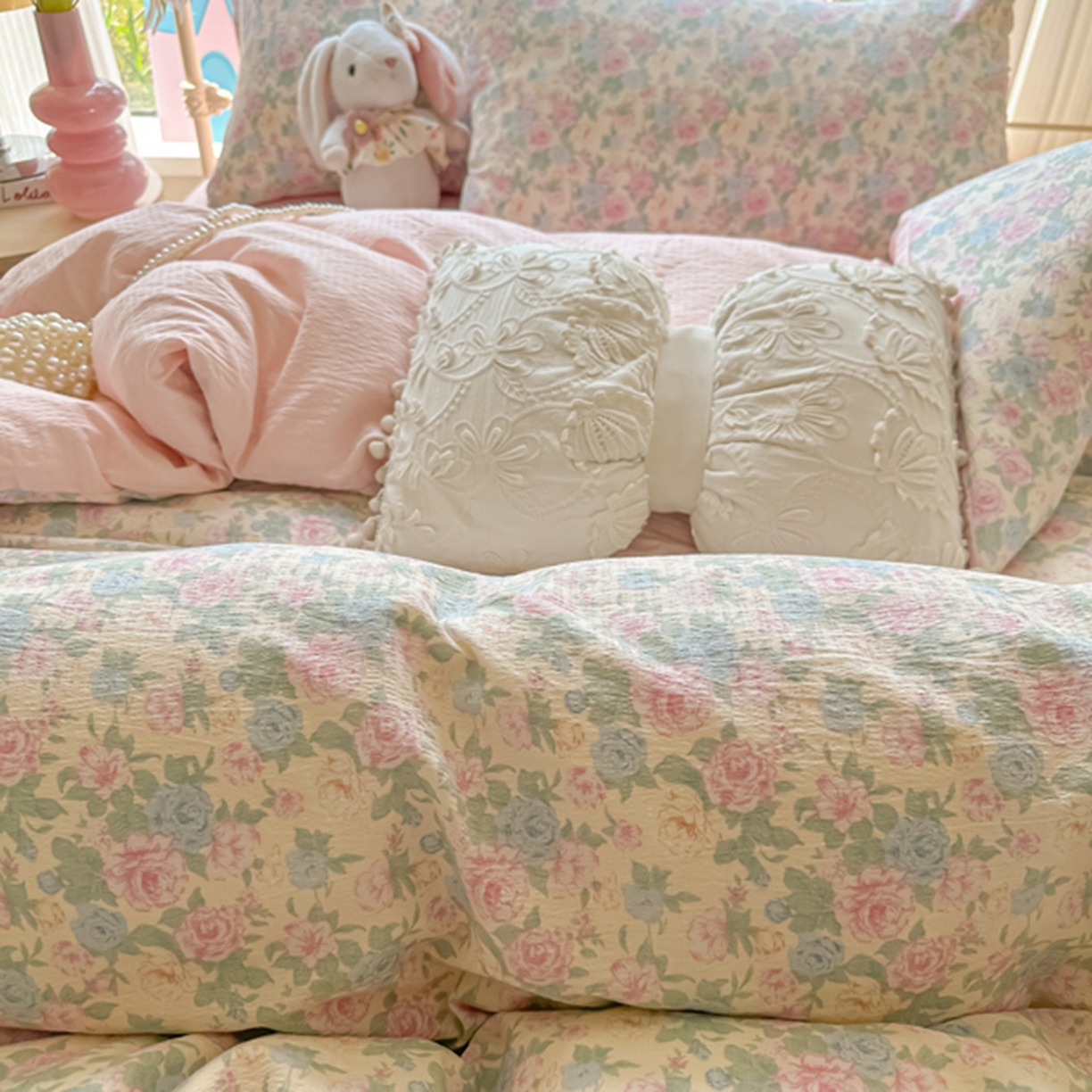 91家纺网 家纺一手货源 找家纺 玉海棠家纺 2025新款云感双层纱暗合四件套 白月光