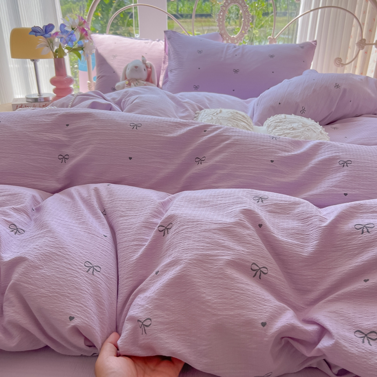 91家纺网 家纺一手货源 找家纺 玉海棠家纺 2025新款云感双层纱暗合四件套 紫色心意