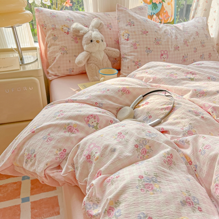 91家纺网 家纺一手货源 找家纺 玉海棠家纺 2025新款云感双层纱暗合四件套 花园小猫