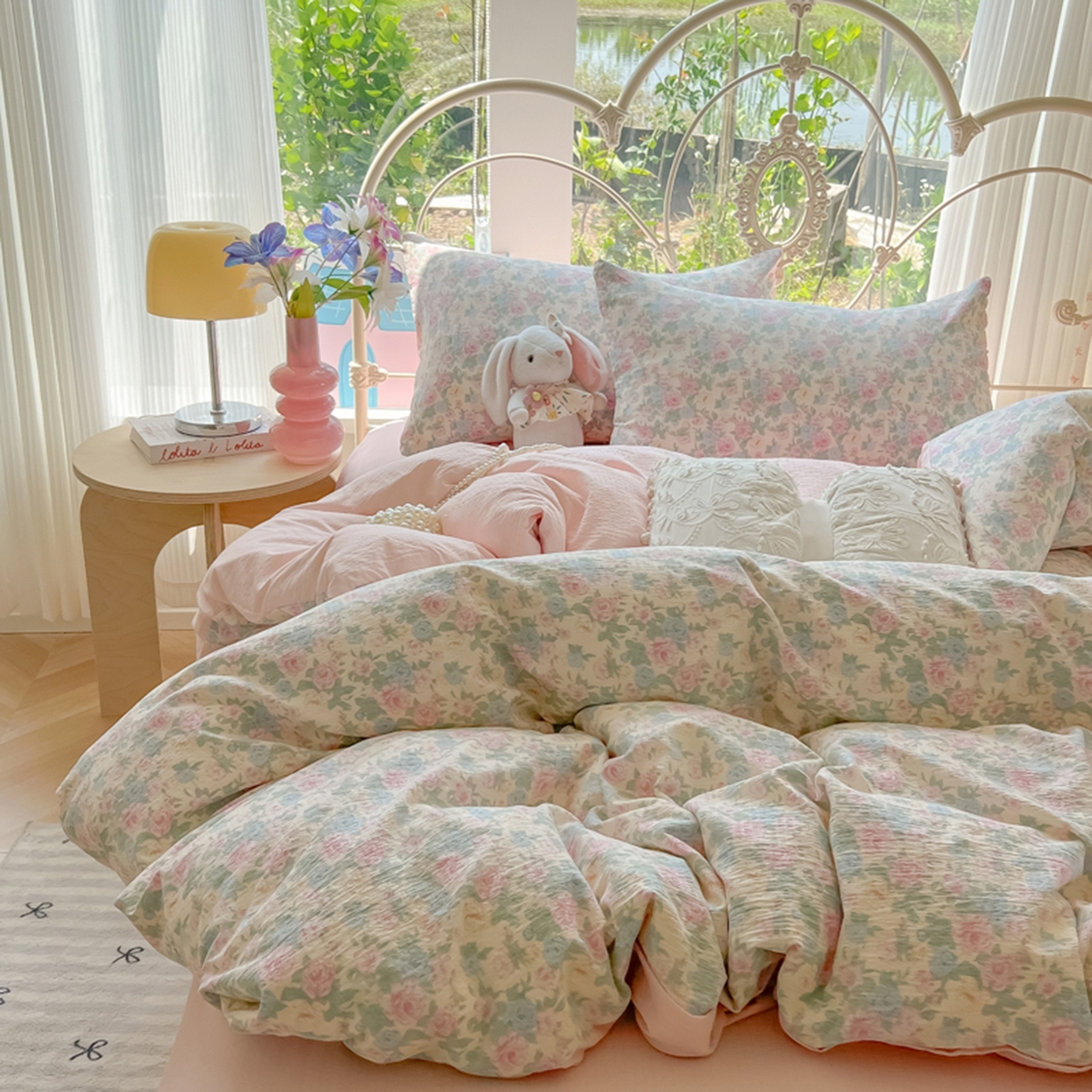 91家纺网 家纺一手货源 找家纺 玉海棠家纺 2025新款云感双层纱暗合四件套 白月光