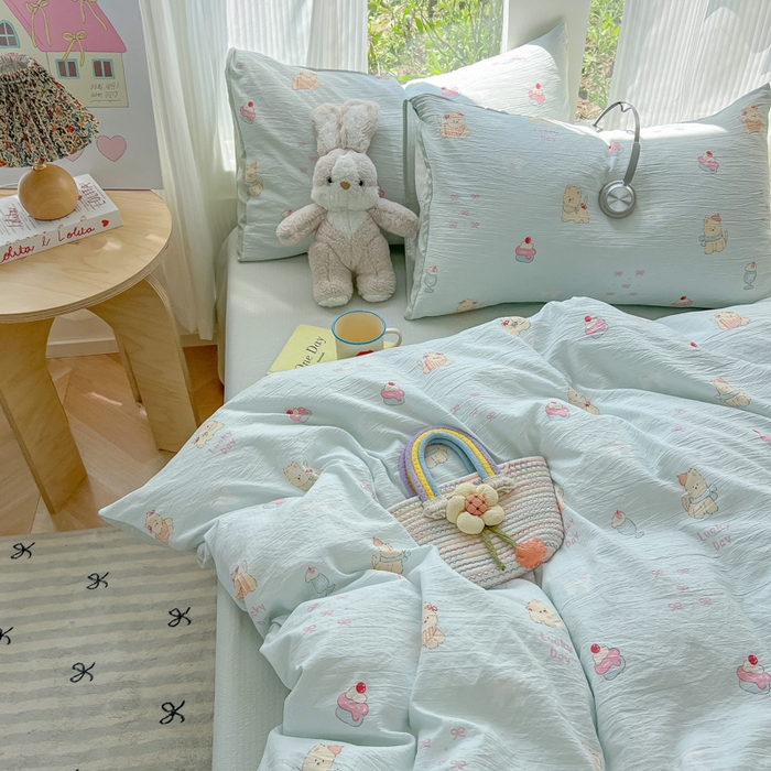 91家纺网 家纺一手货源 找家纺 玉海棠家纺 2025新款云感双层纱暗合四件套 蛋糕小猫