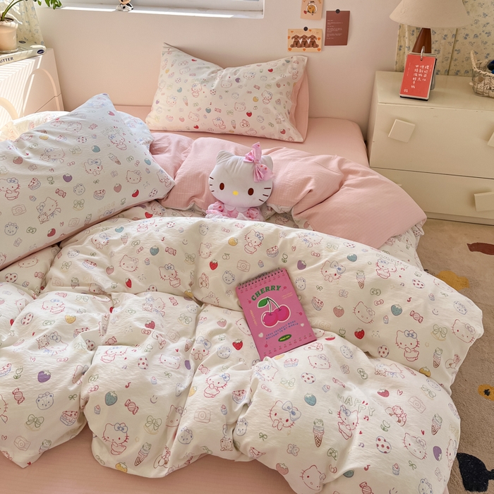 91家纺网 家纺一手货源 找家纺 玉海棠家纺 2025新款云感双层纱暗合四件套 凯蒂猫