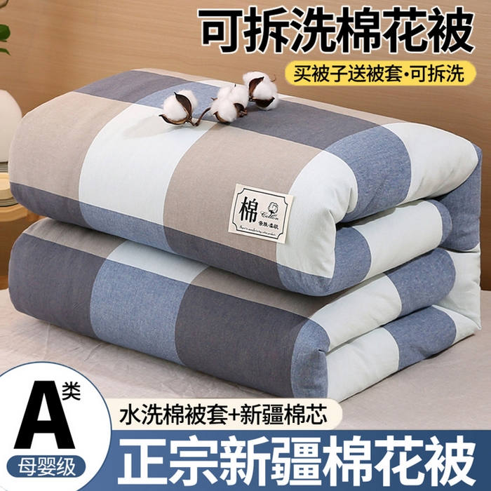 好睡棉 2025新款无印风可拆洗新疆棉花被冬被春秋被夏被四季被子被芯 蓝白大格