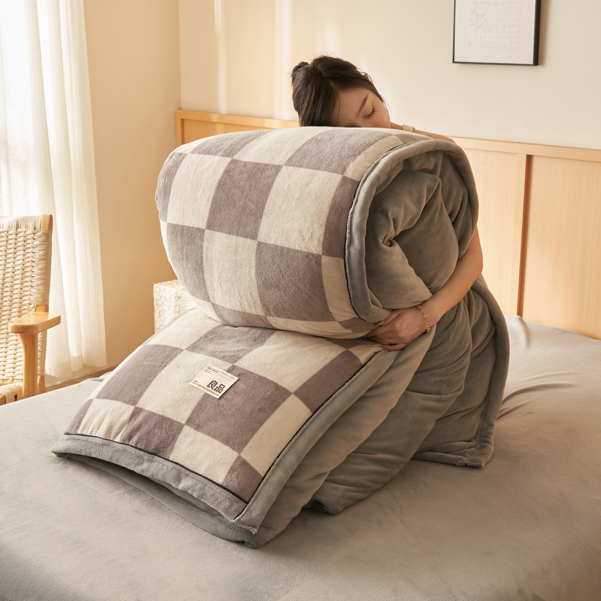 子由家居 2025新款牛奶绒无印风可拆洗冬被被子被芯 灰白格