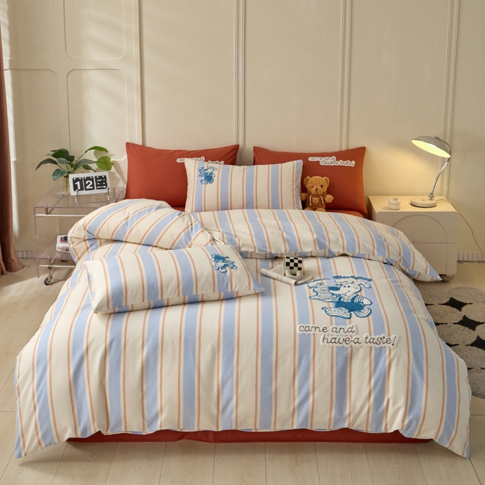 91家纺网 家纺一手货源 找家纺 蓝邻家纺 2025新款全棉磨毛卡通刺绣款四件套--毛巾绣系列 汉堡先生