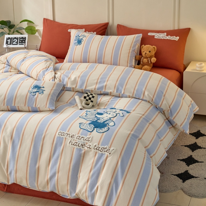 91家纺网 家纺一手货源 找家纺 蓝邻家纺 2025新款全棉磨毛卡通刺绣款四件套--毛巾绣系列 汉堡先生