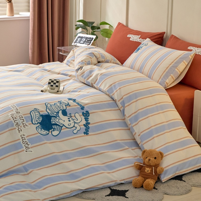 91家纺网 家纺一手货源 找家纺 蓝邻家纺 2025新款全棉磨毛卡通刺绣款四件套--毛巾绣系列 汉堡先生