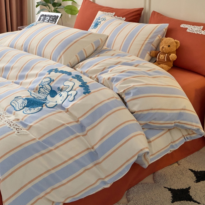 91家纺网 家纺一手货源 找家纺 蓝邻家纺 2025新款全棉磨毛卡通刺绣款四件套--毛巾绣系列 汉堡先生