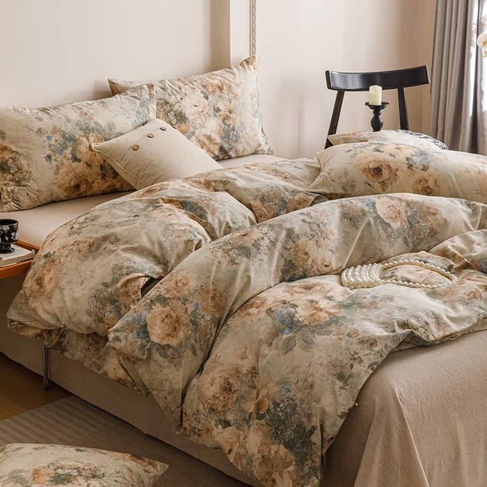 91家纺网 家纺一手货源 找家纺 爱思佳 2025新款棉麻数码印花单品被套被套单件-单被套 复古花语-绿