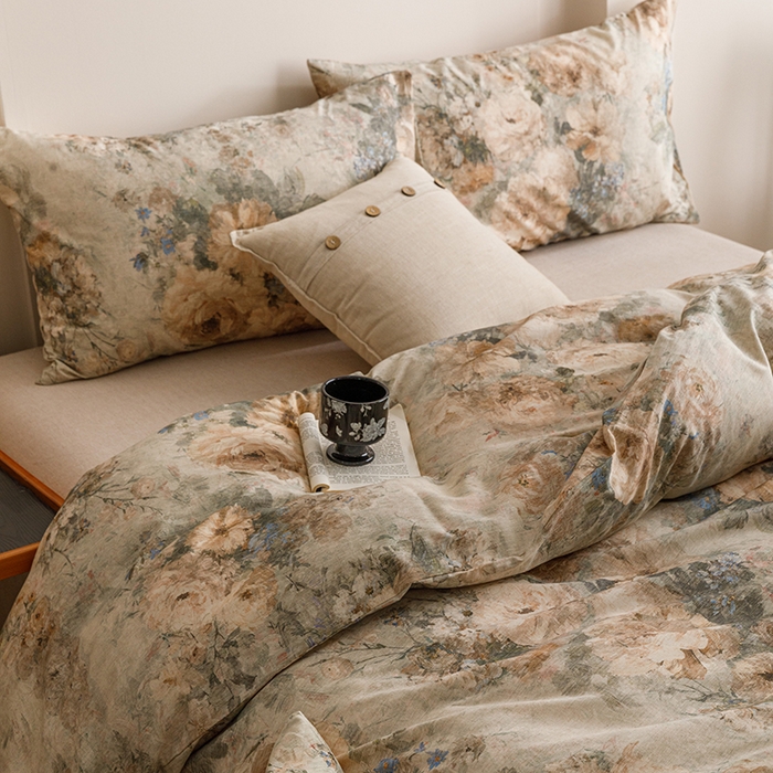 91家纺网 家纺一手货源 找家纺 爱思佳 2025新款棉麻数码印花单品被套被套单件-单被套 复古花语-绿