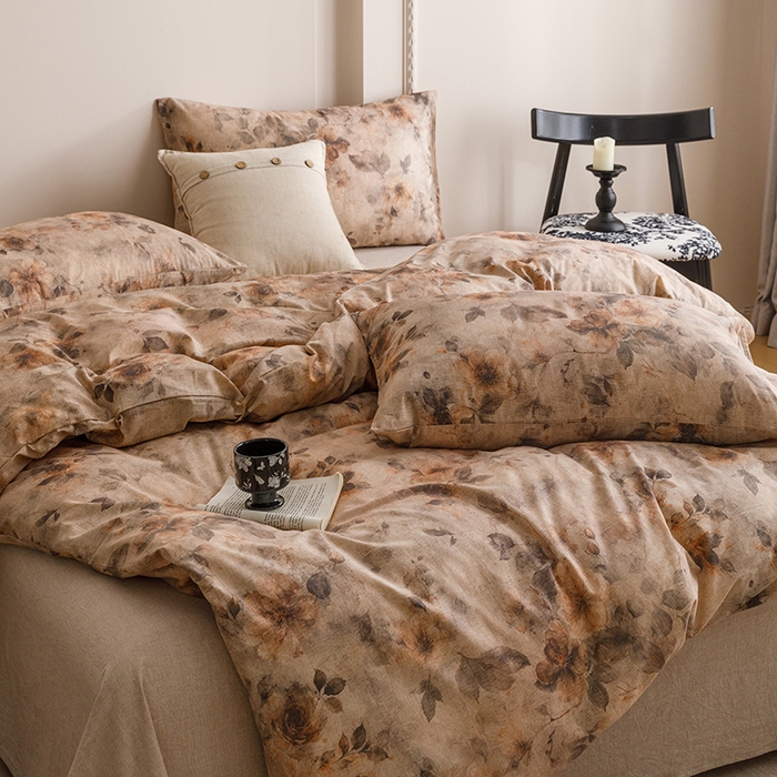 91家纺网 家纺一手货源 找家纺 爱思佳 2025新款棉麻数码印花单品被套被套单件-单被套 花间墨韵-咖