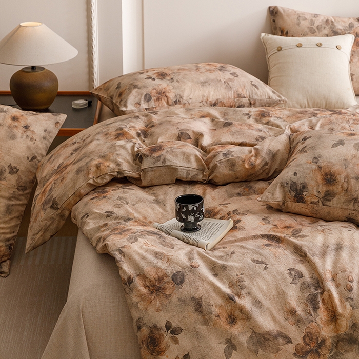 91家纺网 家纺一手货源 找家纺 爱思佳 2025新款棉麻数码印花单品被套被套单件-单被套 花间墨韵-咖