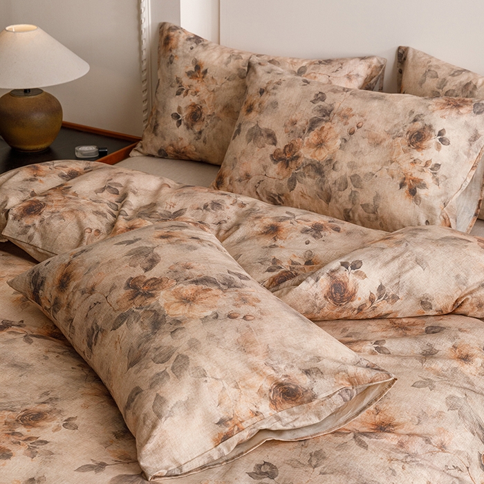 91家纺网 家纺一手货源 找家纺 爱思佳 2025新款棉麻数码印花单品被套被套单件-单被套 花间墨韵-咖