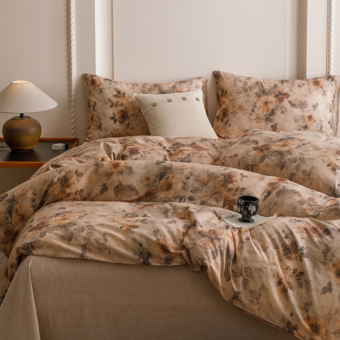 91家纺网 家纺一手货源 找家纺 爱思佳 2025新款棉麻数码印花单品被套被套单件-单被套 花间墨韵-咖