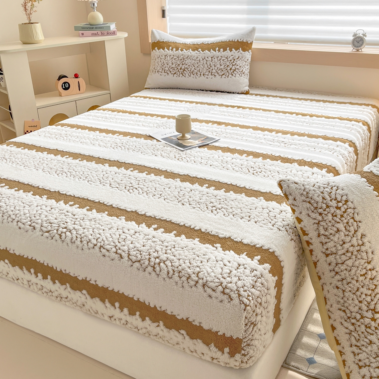 91家纺网 家纺一手货源 找家纺 卡伦家纺 2025新款阳离子提花牛奶绒床笠-暖阳系列 暖阳-咖