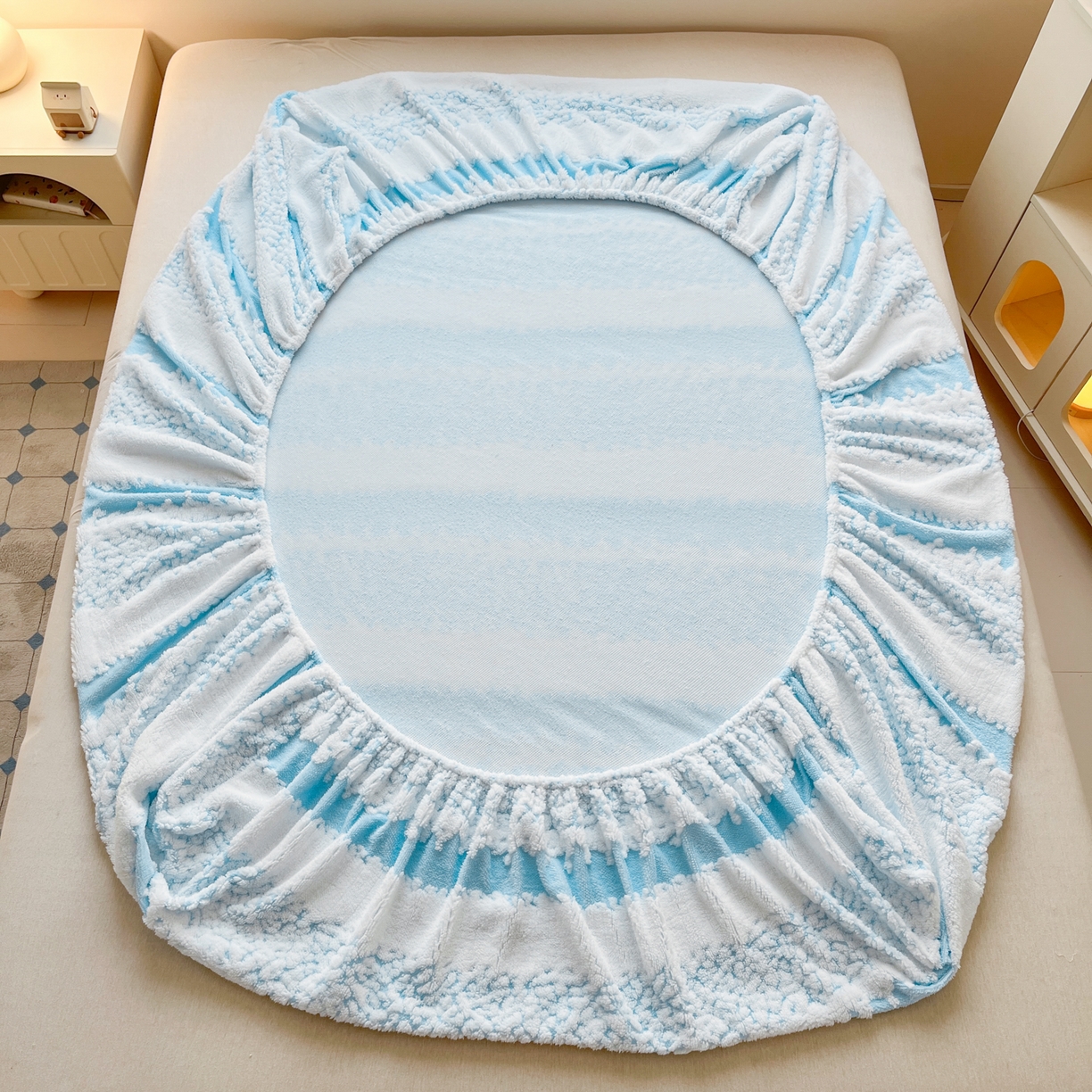 91家纺网 家纺一手货源 找家纺 卡伦家纺 2025新款阳离子提花牛奶绒床笠-暖阳系列 暖阳-蓝