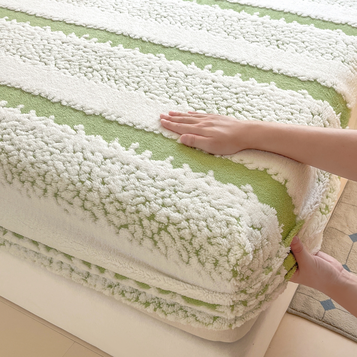 91家纺网 家纺一手货源 找家纺 卡伦家纺 2025新款阳离子提花牛奶绒床笠-暖阳系列 暖阳-绿