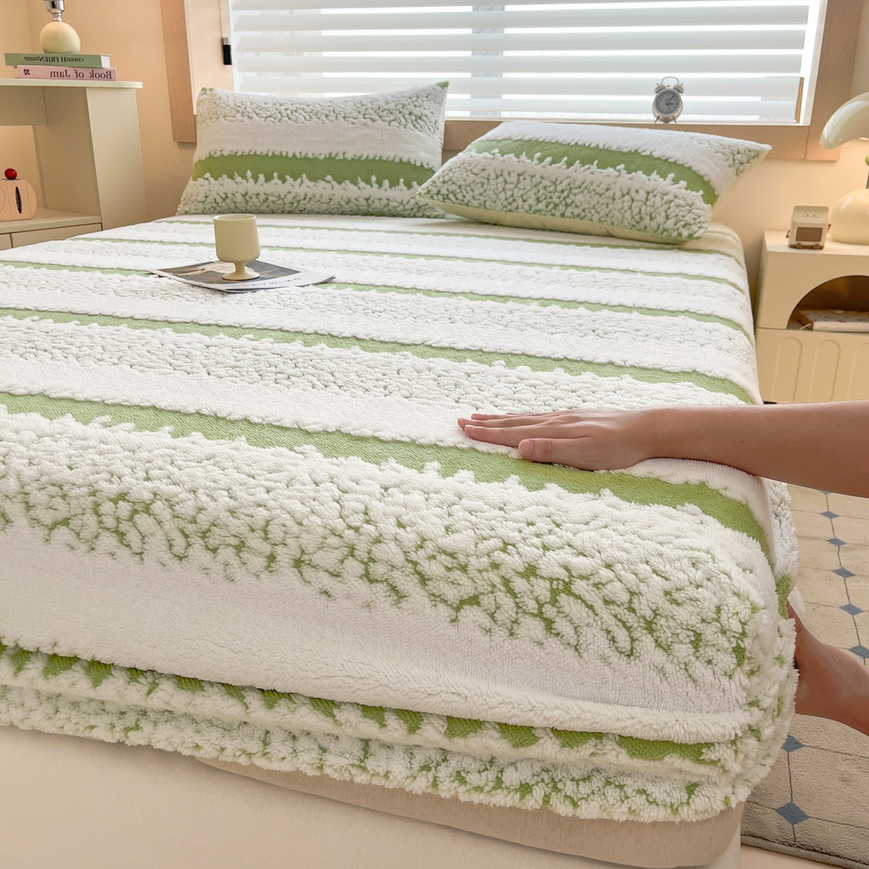 91家纺网 家纺一手货源 找家纺 卡伦家纺 2025新款阳离子提花牛奶绒床笠-暖阳系列 暖阳-绿