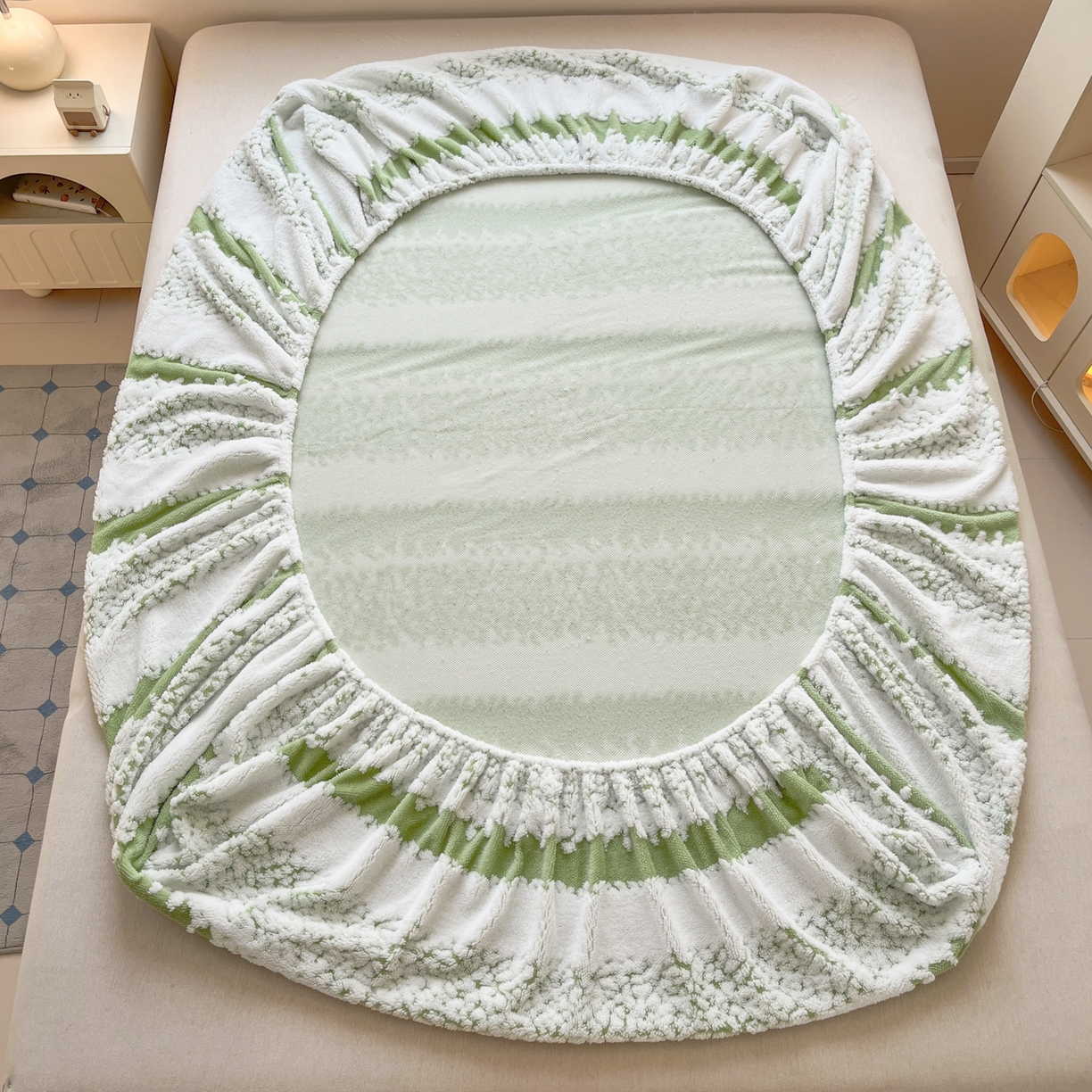 91家纺网 家纺一手货源 找家纺 卡伦家纺 2025新款阳离子提花牛奶绒床笠-暖阳系列 暖阳-绿