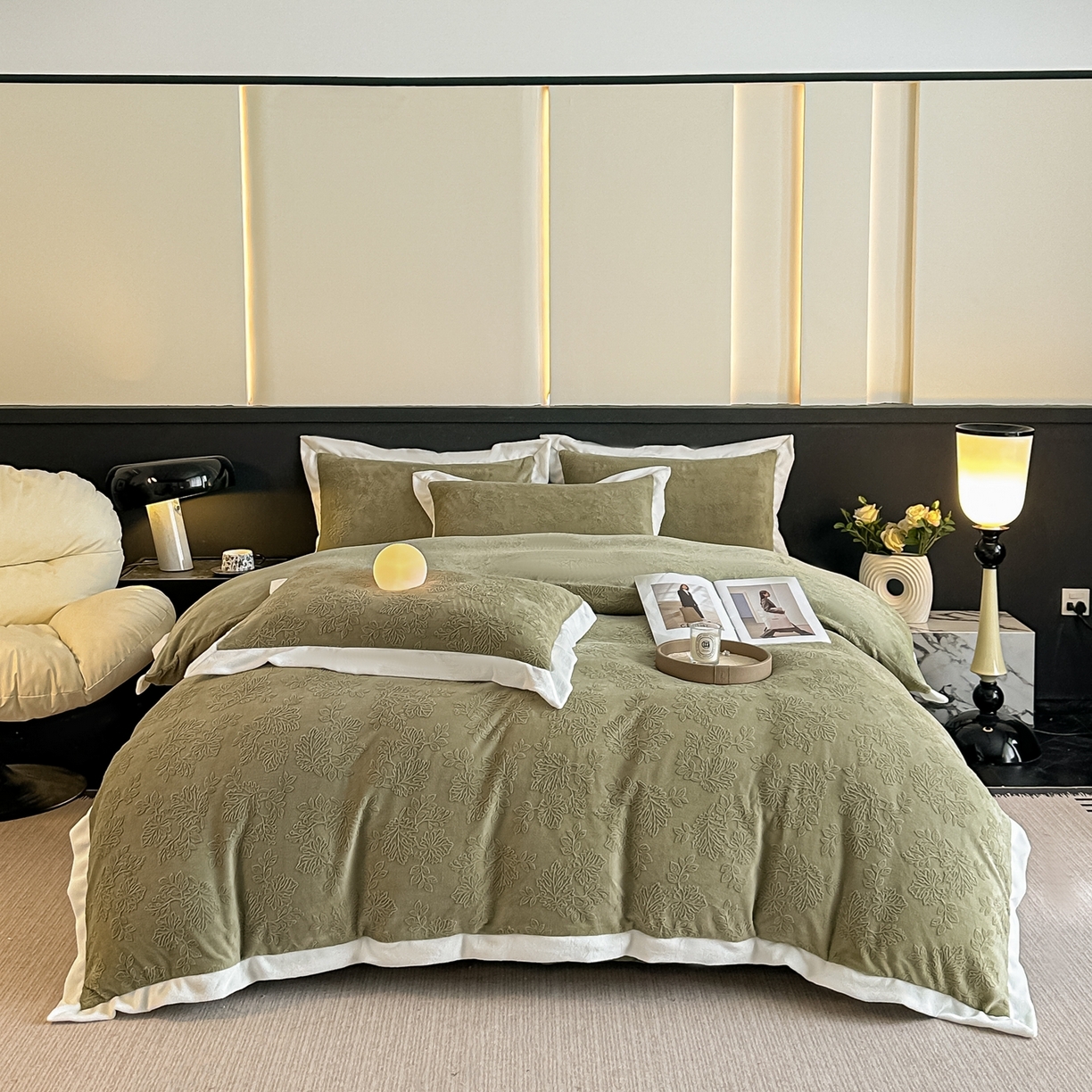 91家纺网 家纺一手货源 找家纺 亿梵家居  2025秋冬新款-拼角款A类全消光牛奶绒立体5D雕花绒四件套 布兰卡-柳茶绿