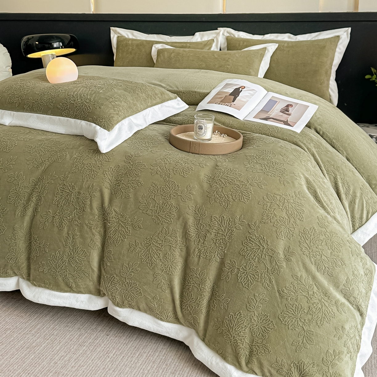 91家纺网 家纺一手货源 找家纺 亿梵家居  2025秋冬新款-拼角款A类全消光牛奶绒立体5D雕花绒四件套 布兰卡-柳茶绿