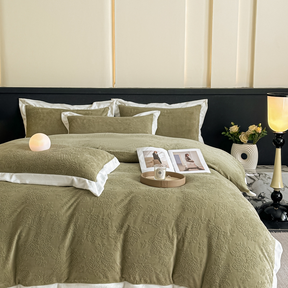 91家纺网 家纺一手货源 找家纺 亿梵家居  2025秋冬新款-拼角款A类全消光牛奶绒立体5D雕花绒四件套 布兰卡-柳茶绿