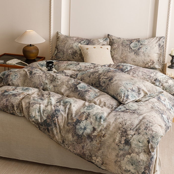 91家纺网 家纺一手货源 找家纺 爱思佳 2025新款棉麻数码印花四件套 复古花语-兰