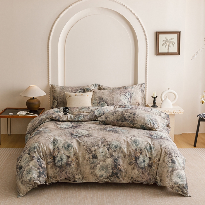 91家纺网 家纺一手货源 找家纺 爱思佳 2025新款棉麻数码印花四件套 复古花语-兰