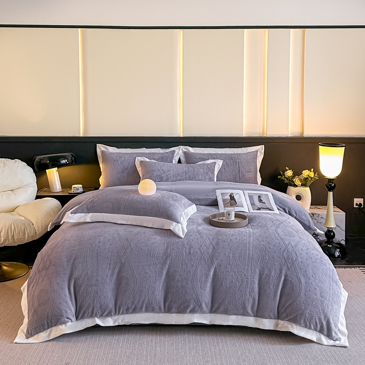 91家纺网 家纺一手货源 找家纺 亿梵家居  2025秋冬新款-拼角款A类全消光牛奶绒立体5D雕花绒四件套 夏洛特-香芋紫